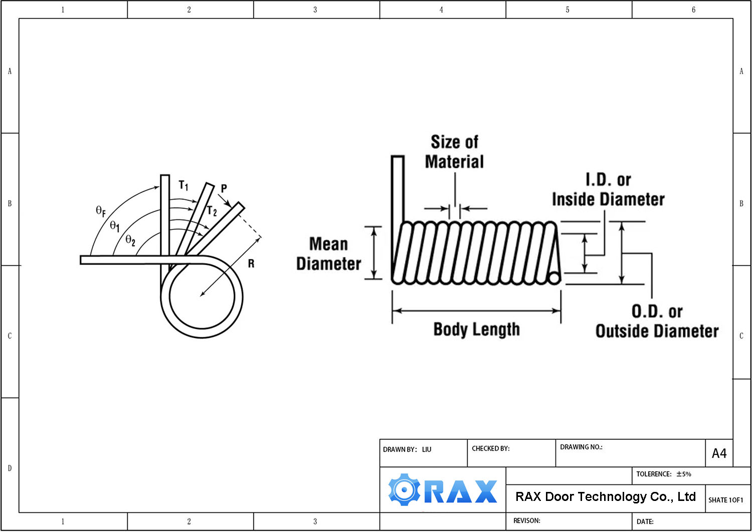 Engineering drawing of a torsion spring with cones for an industrial door shaft