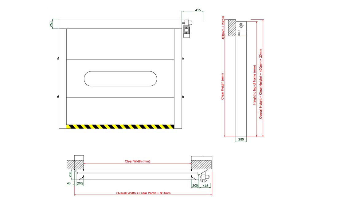 Dibujo de puerta de alta velocidad de PVC que muestra la construcción de cortina de cámara hueca