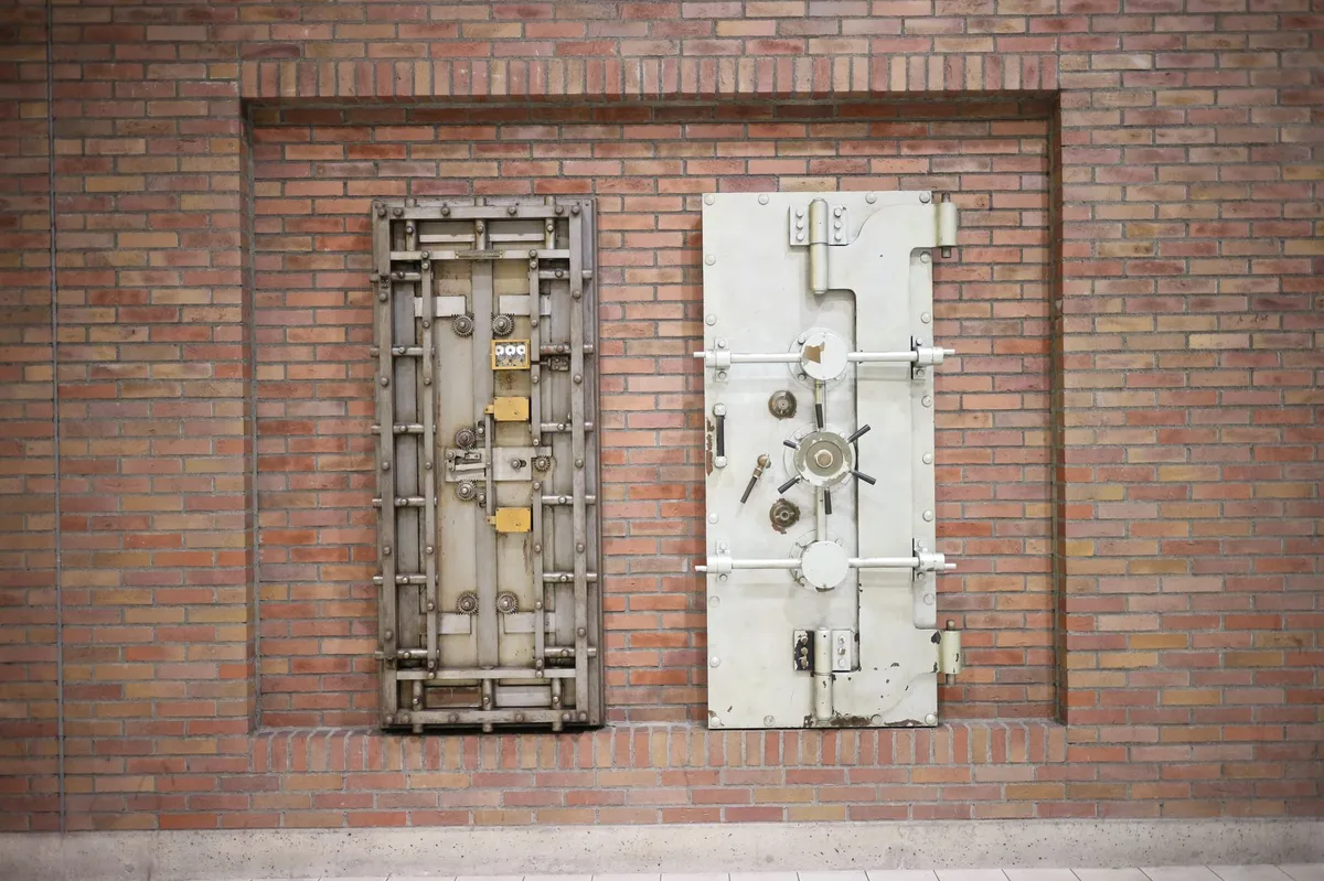 Visualization showing acoustic sound waves being blocked by a dense commercial acoustic door.