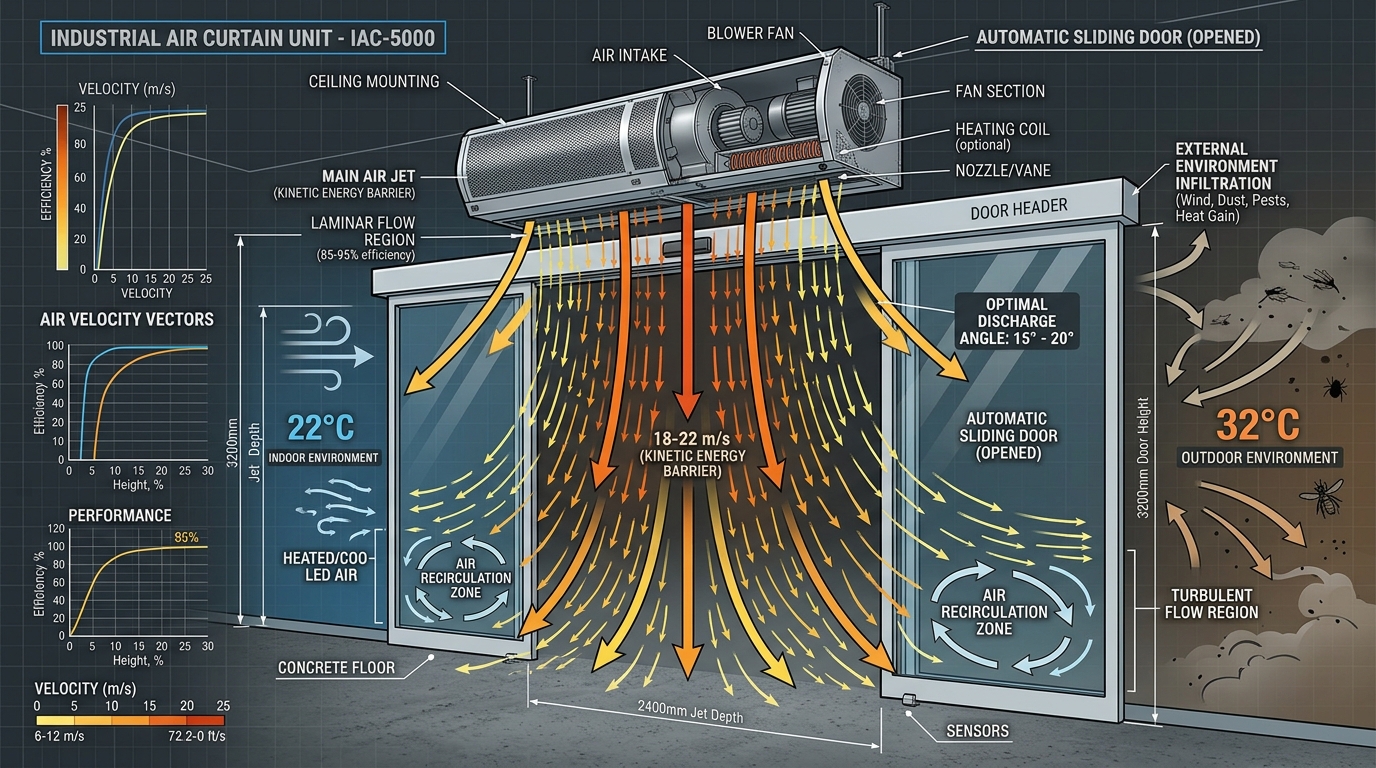 Technical diagram showing air velocity vectors and kinetic energy barrier of an industrial air curtain