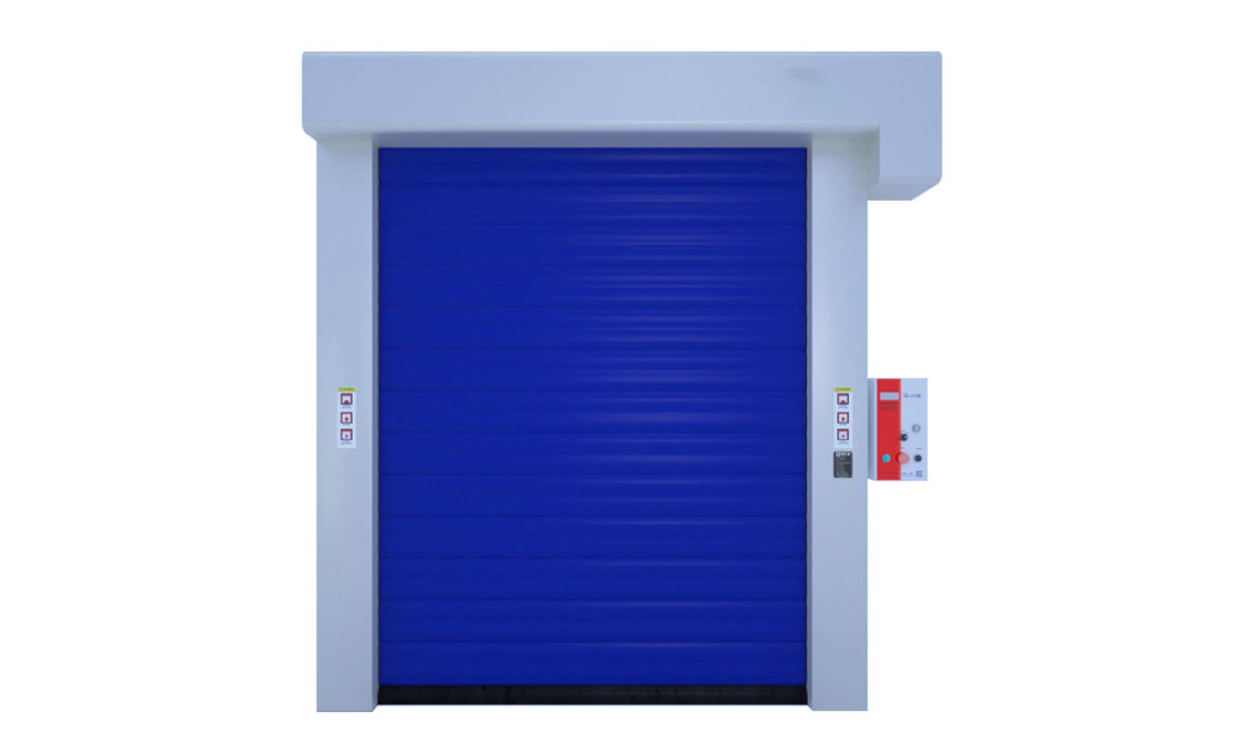 RAX sliding cold storage door with insulated PU panel gliding on an overhead track at a cold room opening