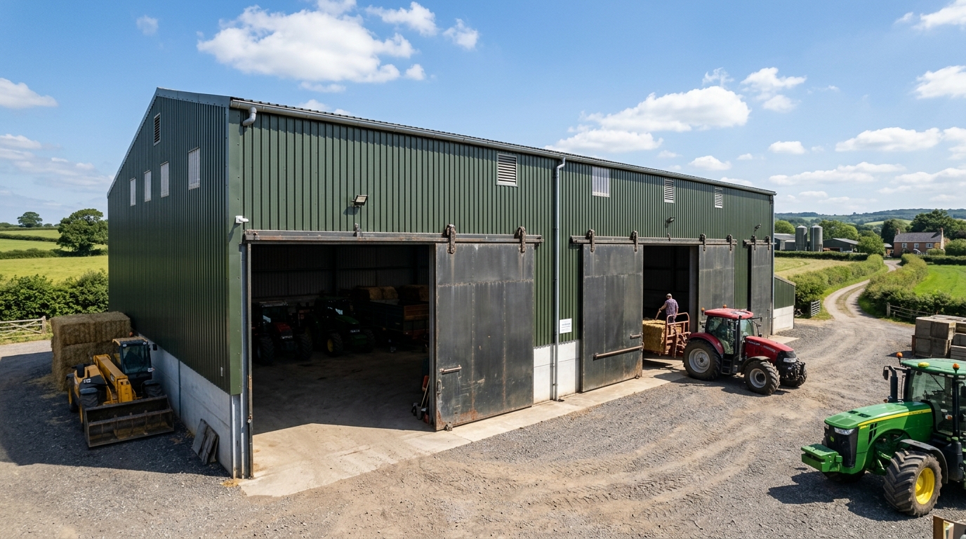 Modern agricultural building exterior with heavy-duty sliding doors on a sunny day.