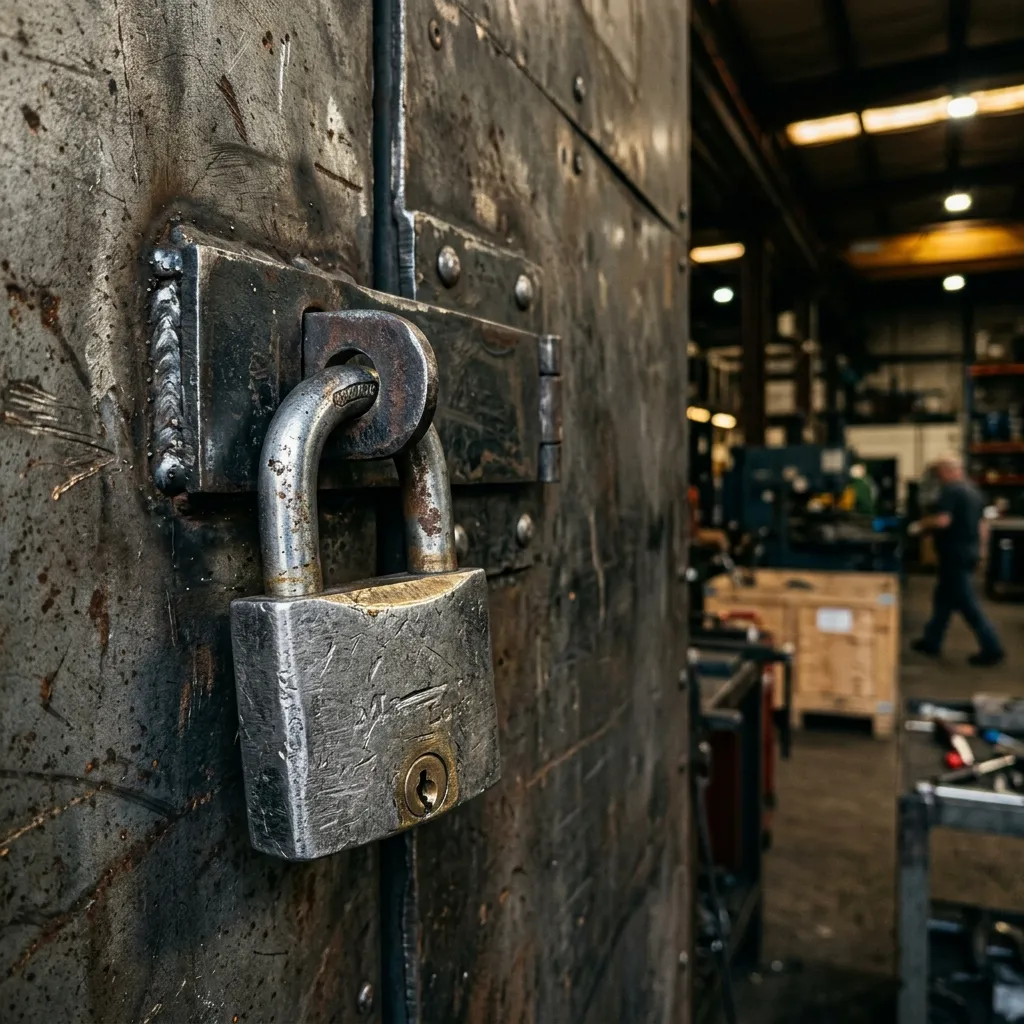 Photorealistic close-up of a heavy-duty padlock on a steel door.