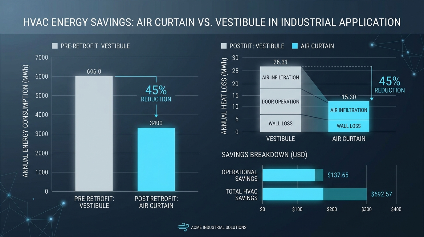 Data chart comparing HVAC energy consumption between vestibules and air curtains