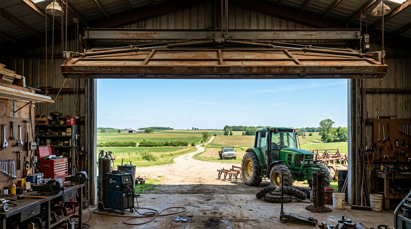 Interior view of a farm workshop showing a large hydraulic door.