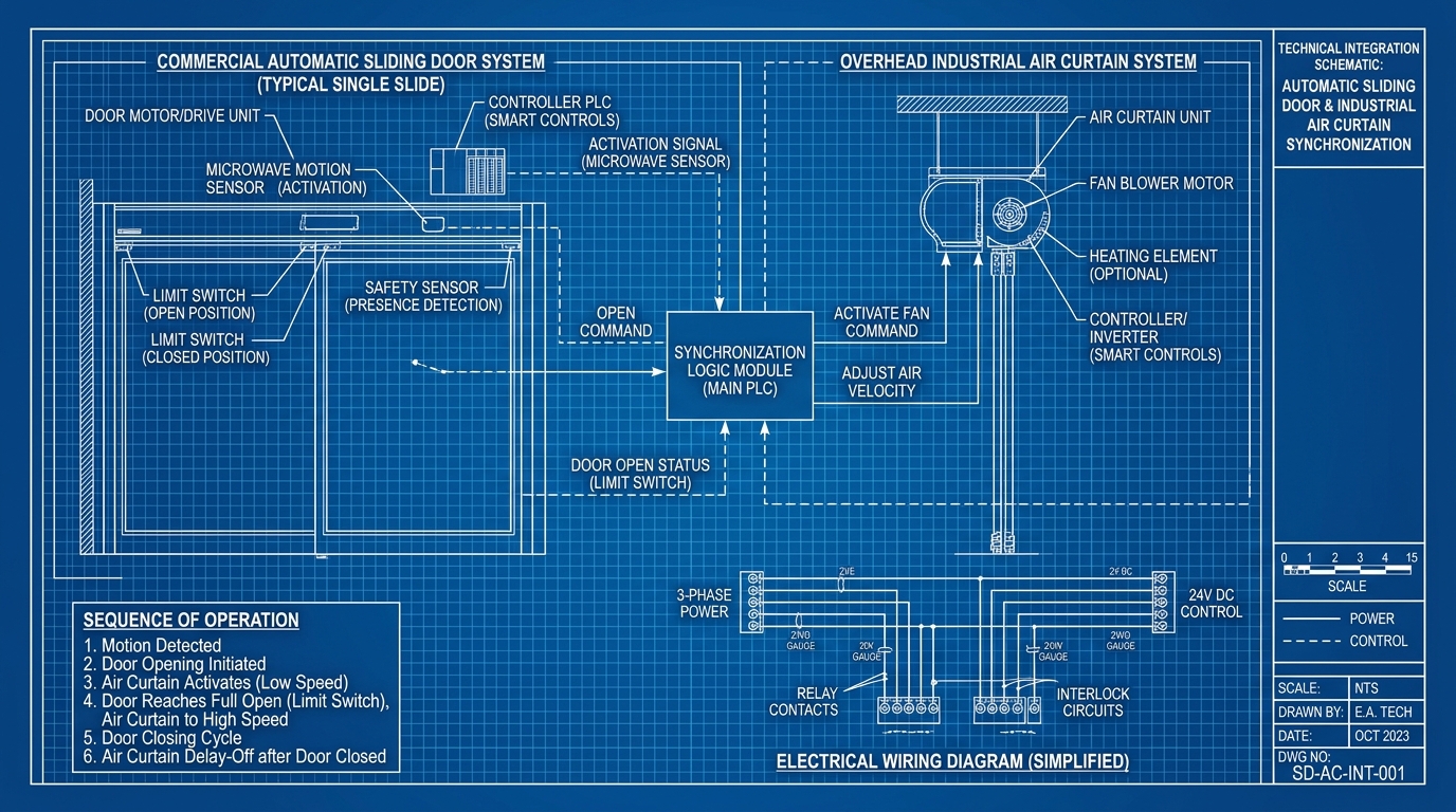 Integration diagram showing synchronized sensors between automatic doors and air curtains