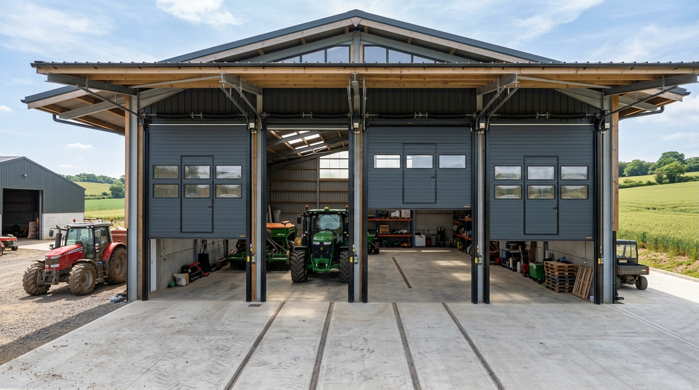 Automated agricultural doors featuring daylight windows on a farm structure.