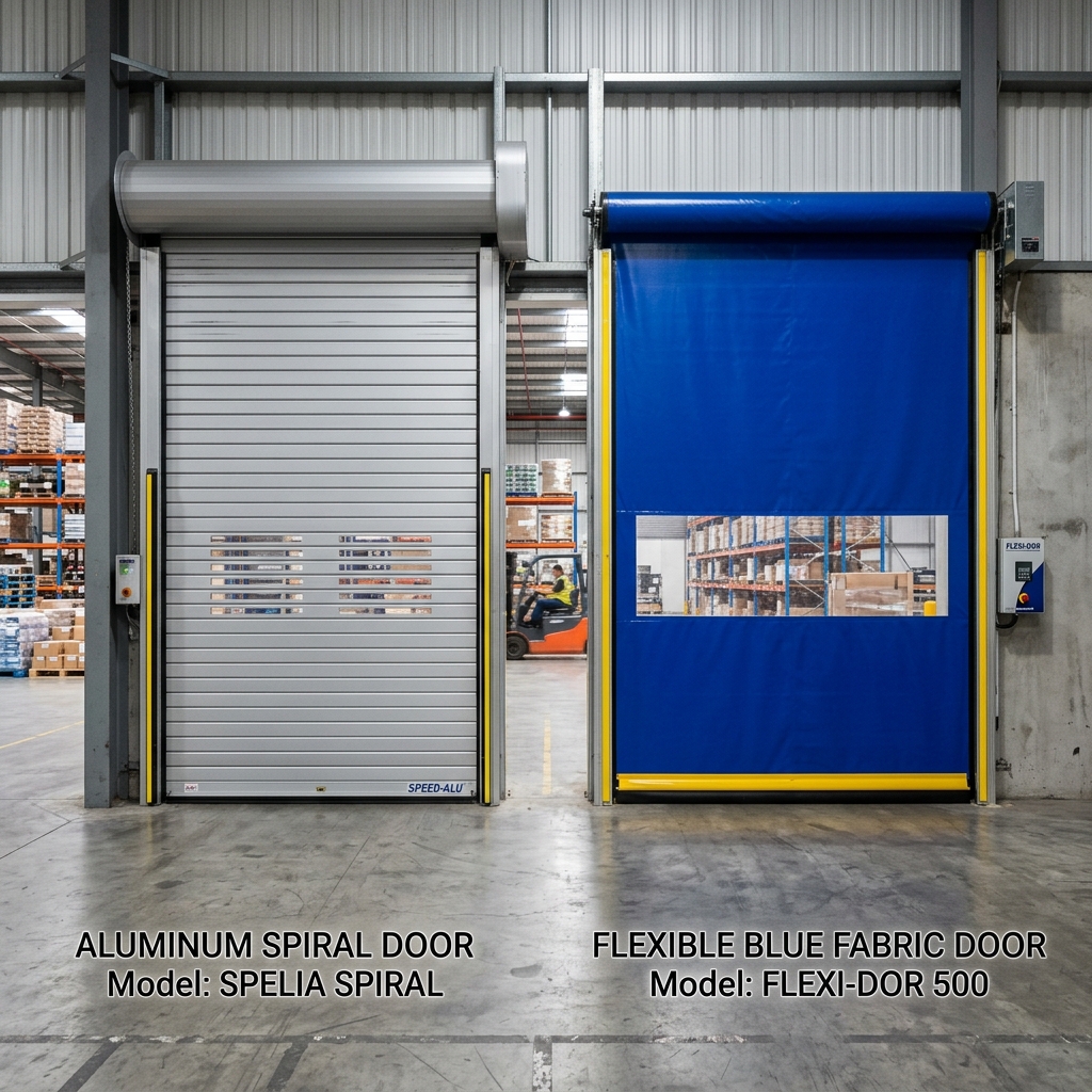 Side by side comparison of an aluminum spiral high speed door and a flexible PVC fabric door in a warehouse setting.