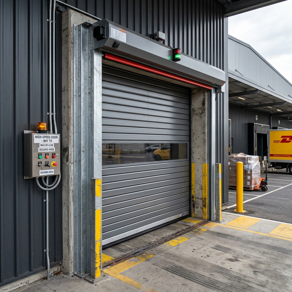Exterior aluminum high speed door installed at a loading bay, showcasing its heavy-duty interlocking slats.