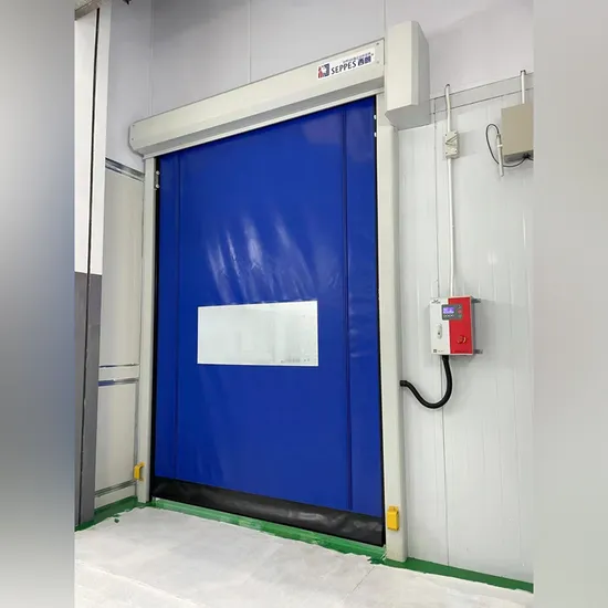 Flexible PVC high speed door with a breakaway bottom edge recovering from a potential forklift collision.