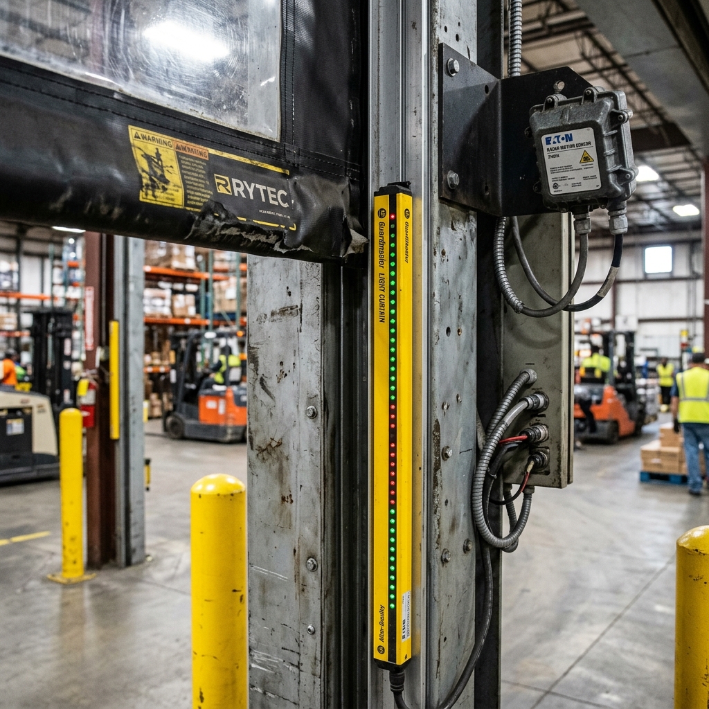 Multi-point safety light curtains and microwave radar sensors installed on an industrial high speed door frame.