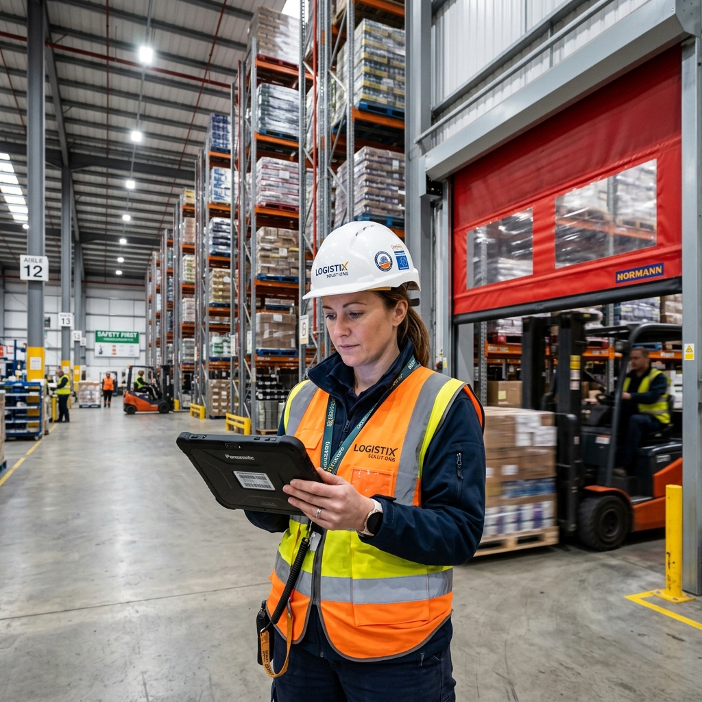 Warehouse manager evaluating the return on investment of premium aluminum industrial doors on a digital tablet.