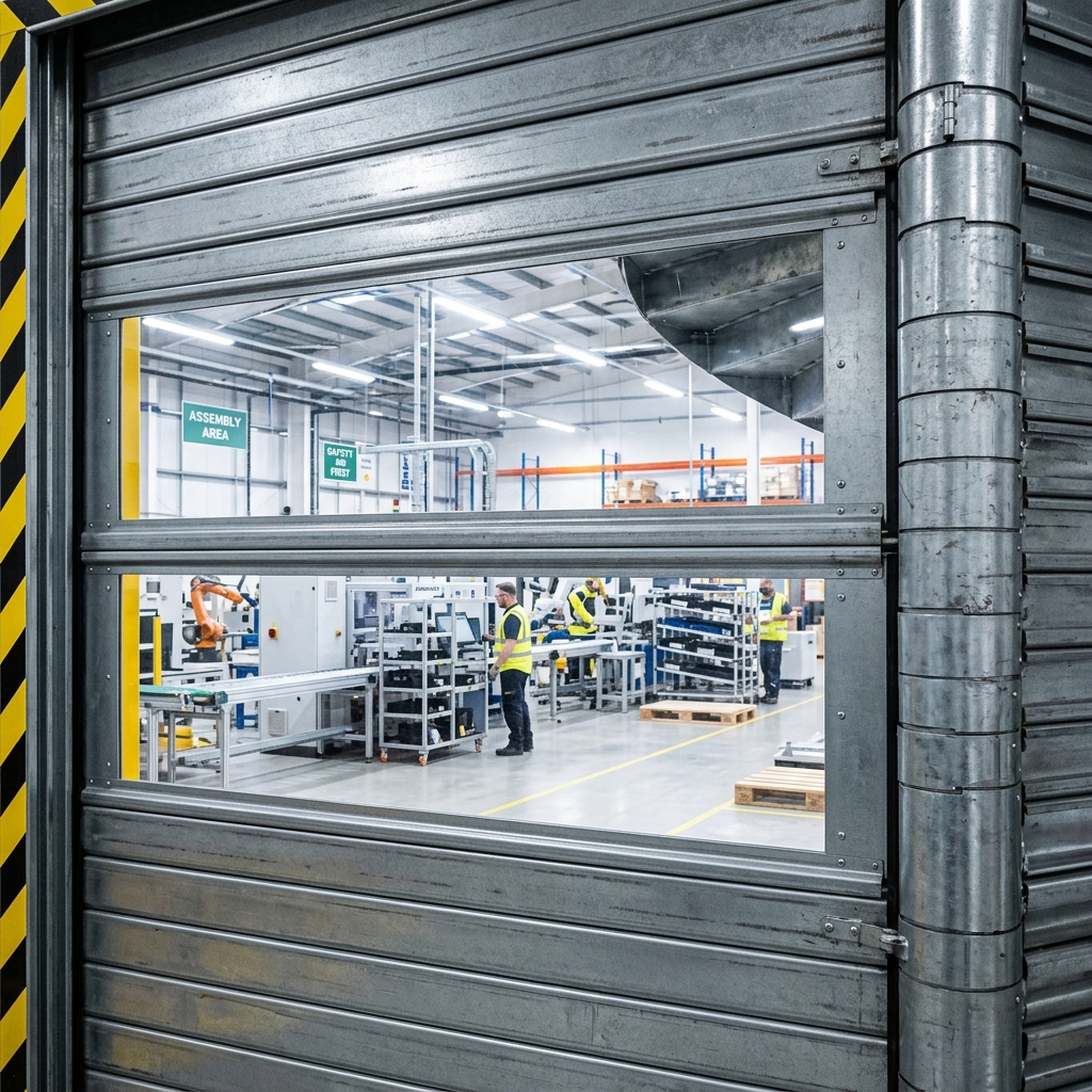 Crystal clear polycarbonate vision panels on an aluminum spiral door, ensuring high visibility for forklift drivers.