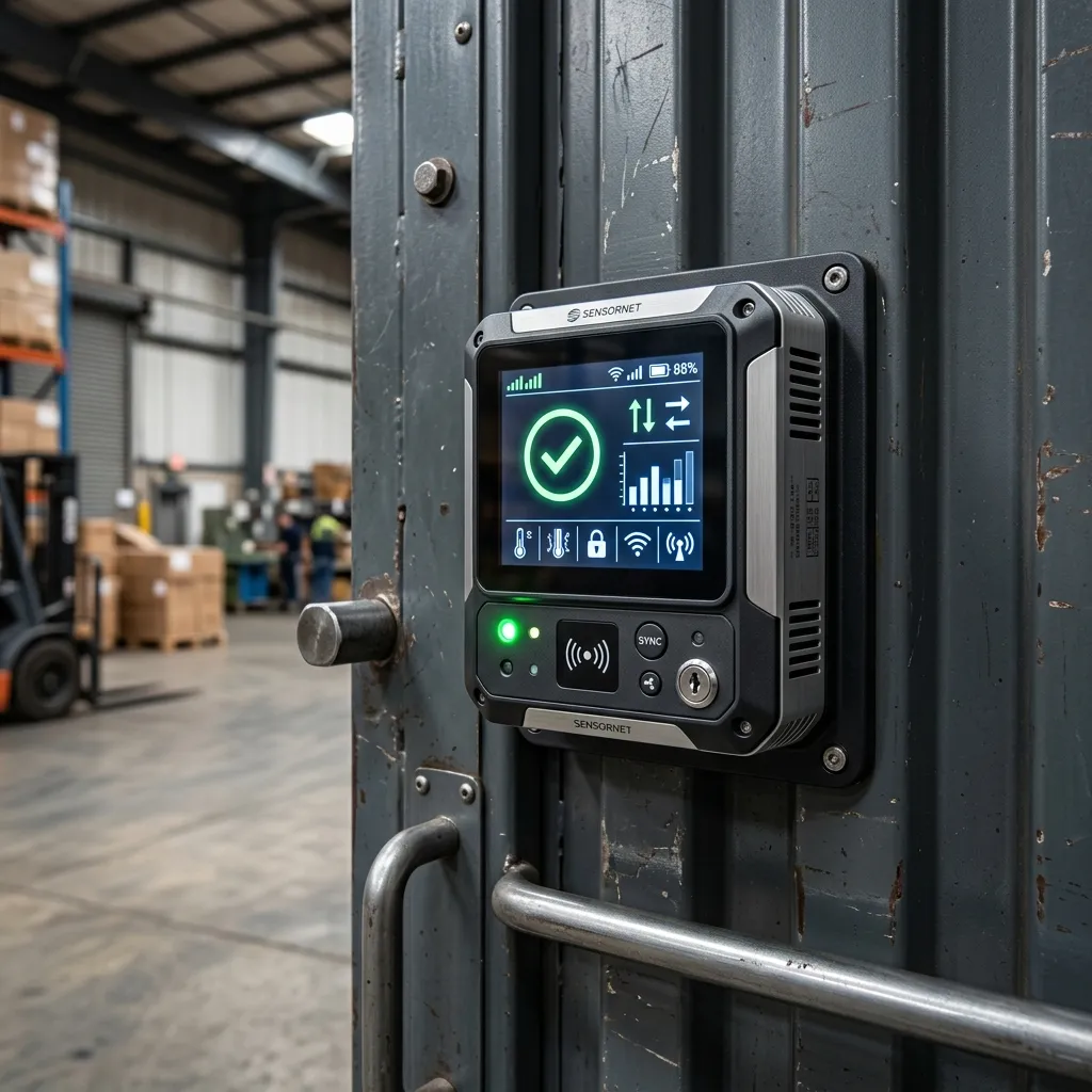 Smart IoT sensor control panel mounted on a warehouse door.
