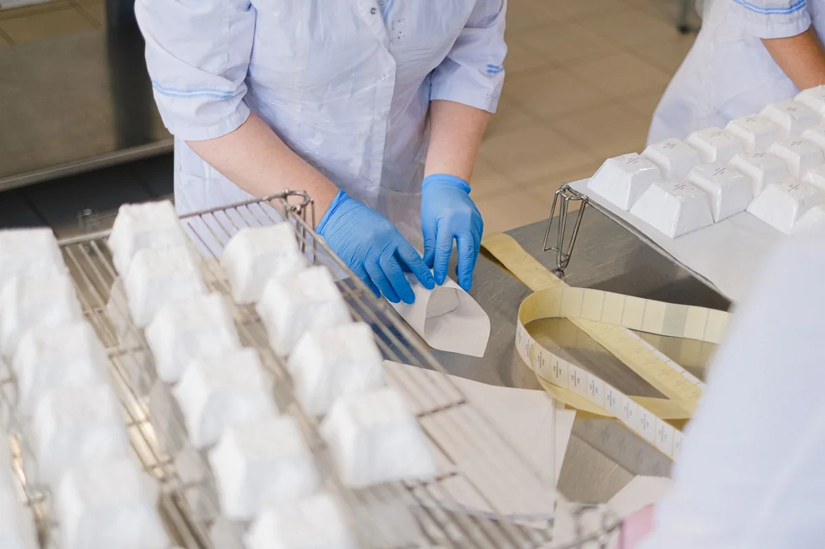 Trabajadores de procesamiento de alimentos estériles envasando productos lácteos en una instalación comercial higiénica (Fuente: Pexels)