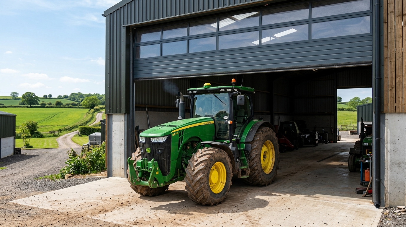 Green agricultural tractor passing through a wide open overhead sectional door.