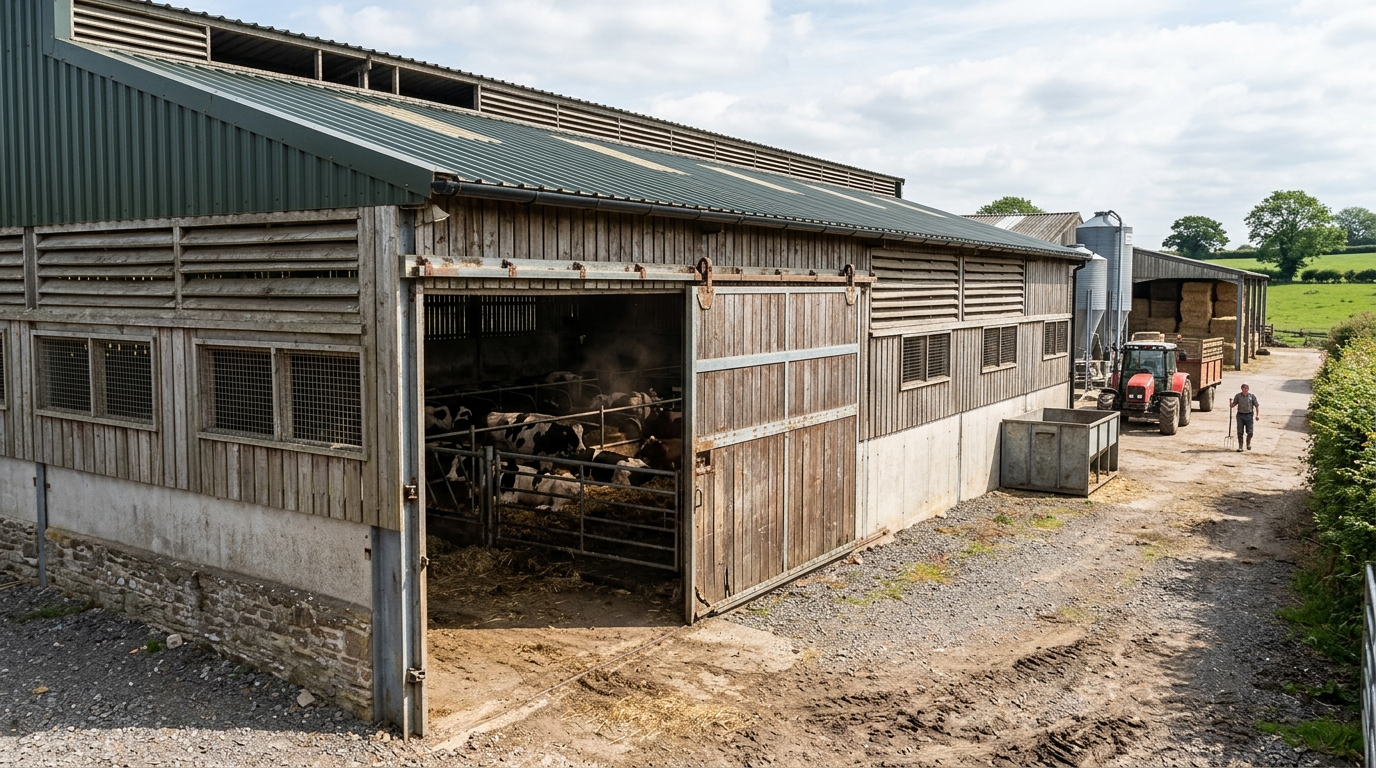 Exterior of a well-ventilated agricultural livestock building on a farm.