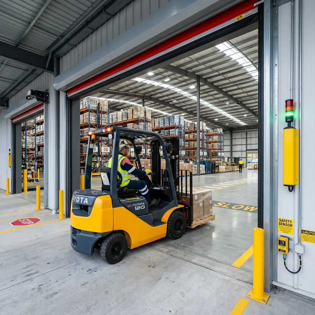 Forklift operating safely near an industrial door with visible sensors.