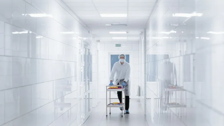 Technician moving a sample cart through a controlled cleanroom corridor