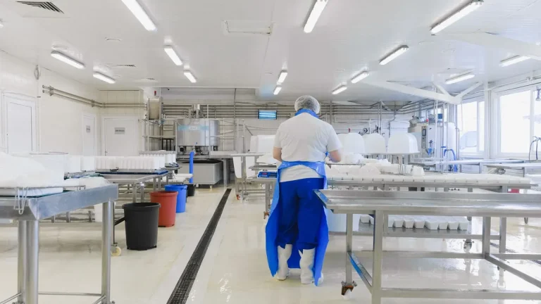 Cleanroom technician working inside a controlled cleanroom suite