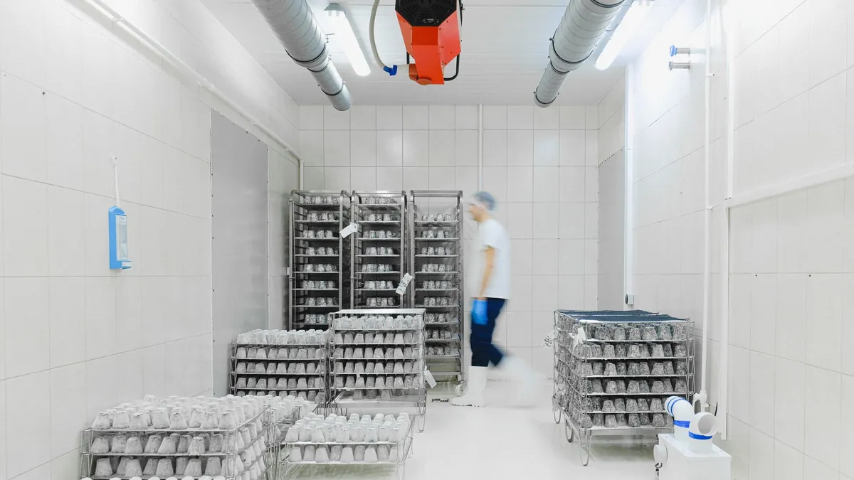 White hygienic production room with stainless racks and carts passing sealed door surfaces daily