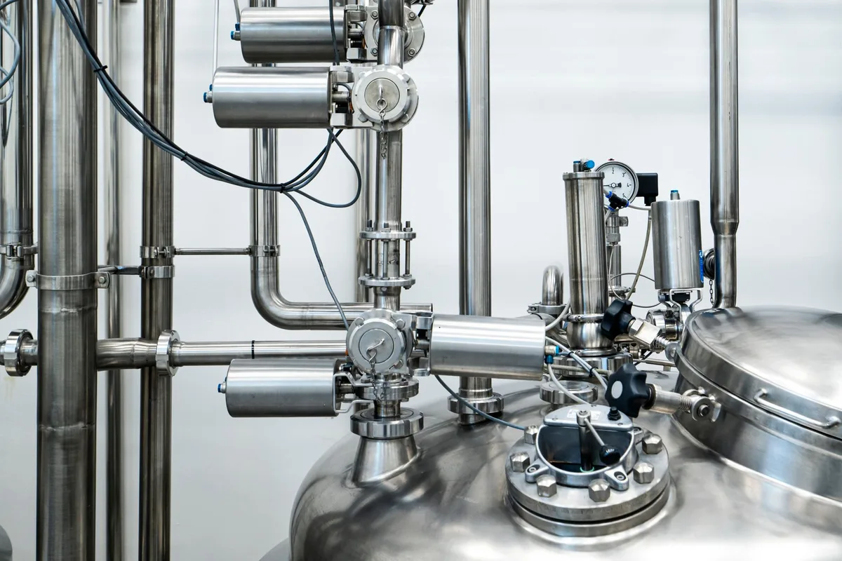 Pressure gauges on stainless steel process lines in a sterile production suite