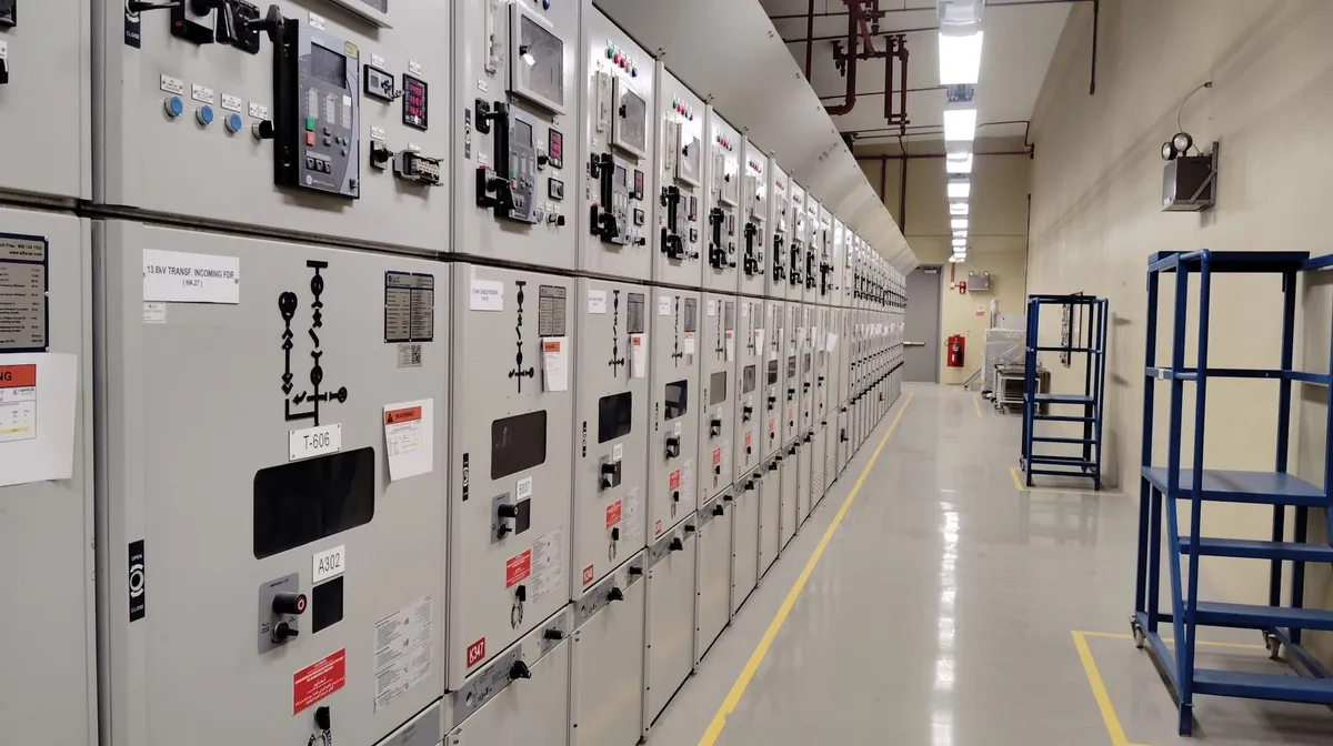 Row of grey industrial switchgear cabinets with meters and controls in an electrical room