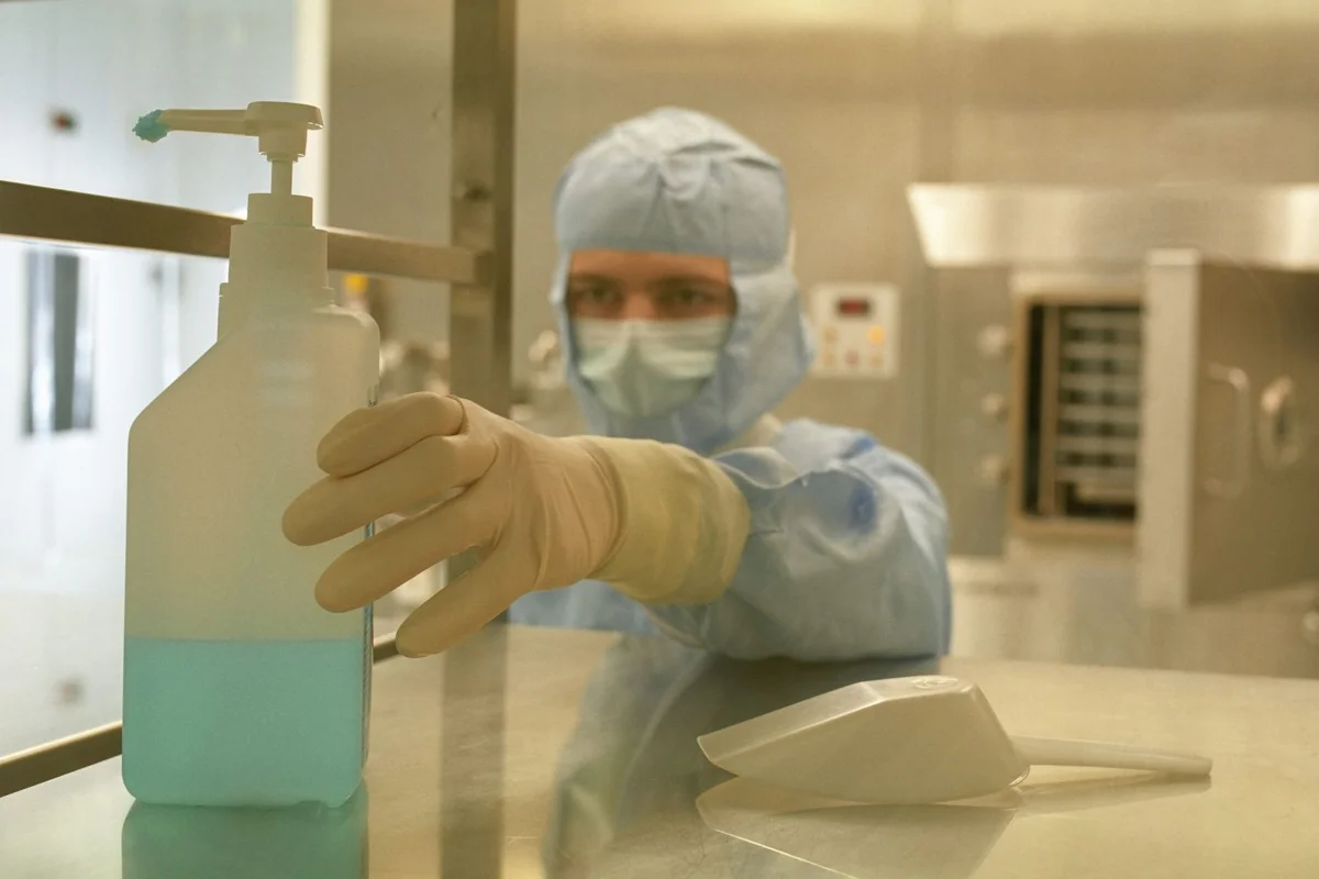 Gowned operator in a cleanroom sanitizing stainless steel equipment surfaces