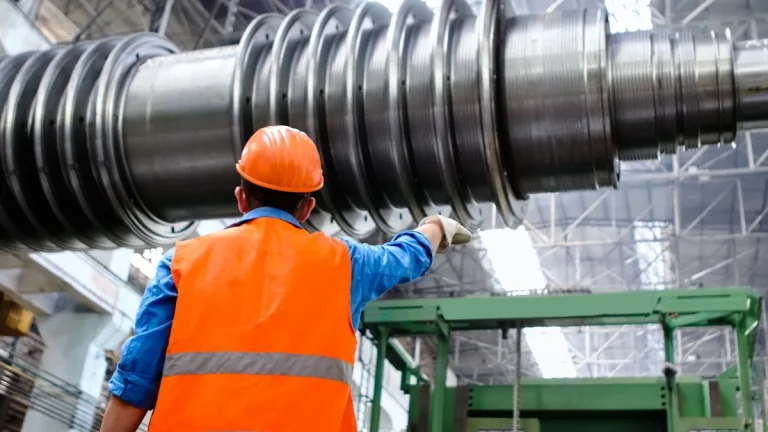 Ingeniero con casco inspeccionando maquinaria grande en una planta industrial pesada