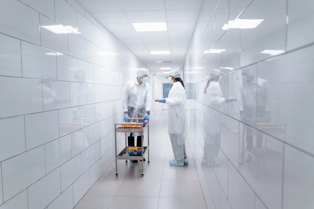Two gowned operators meeting with a sample cart in a cleanroom corridor